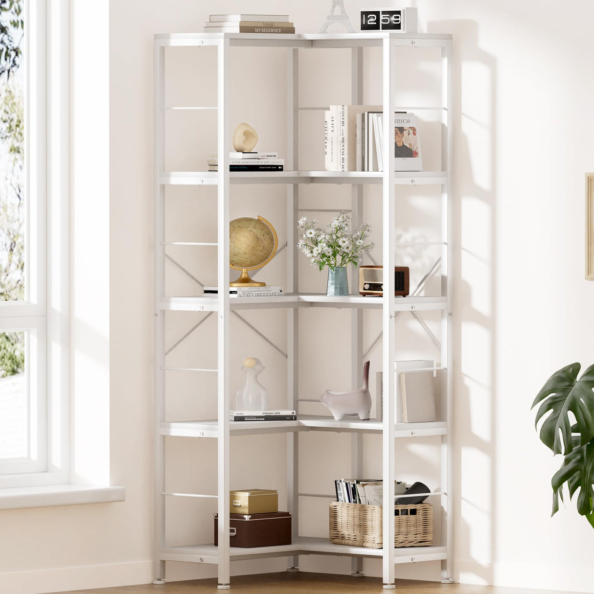 5-Tier Corner Bookshelf, 70.86" Tall Corner Bookcase,5-Shelf Modern L-Shaped Coner Shelf with Metal Frame for Home Office,Living Room,Bed Room(White)
