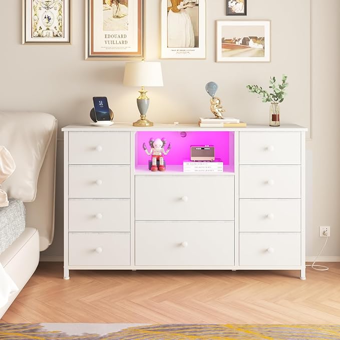 Dresser with Charging Station and LED Lights, Pink Dresser for Girls Bedroom