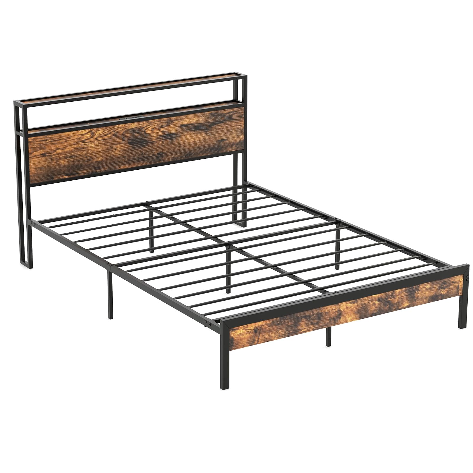 Queen Bed Frame with 2-Tier Storage Headboard, Industrial Metal Platform Bed