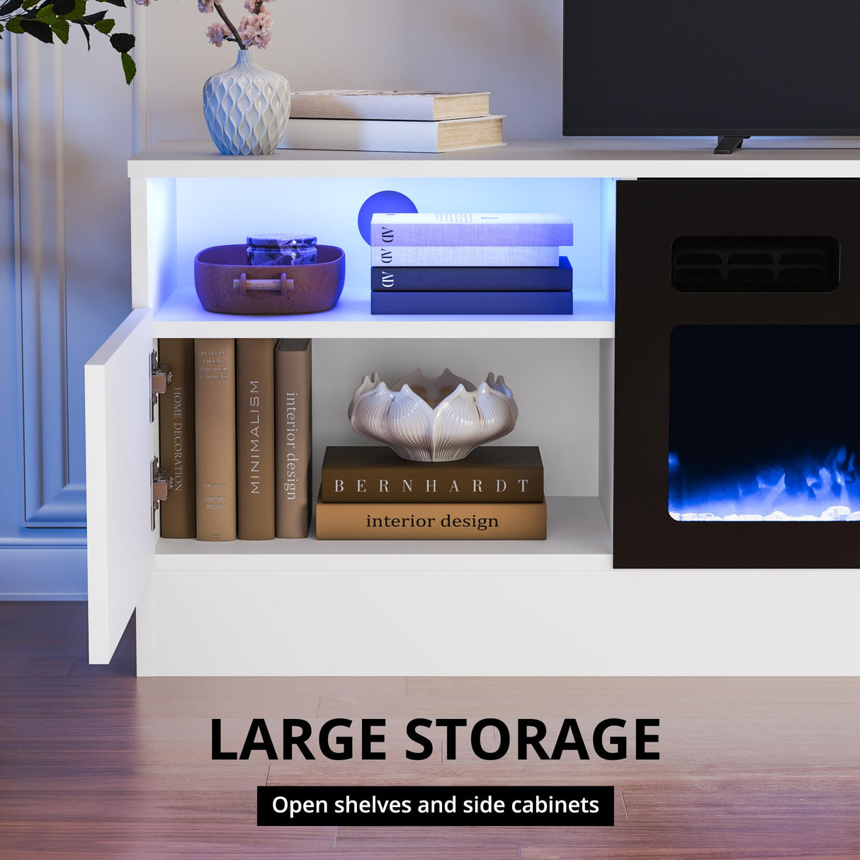 LED High Gloss TV Stand with Electric Fireplace - White