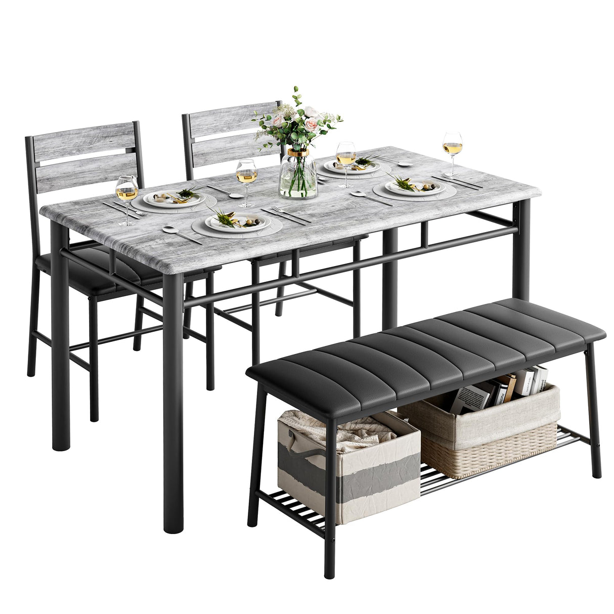 Table Set for 4, Kitchen Table with Upholstered Bench and 2 Chairs, Kitchen Table