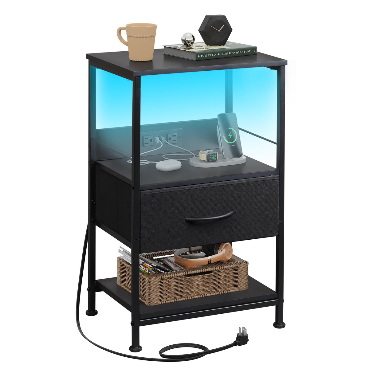 Night Stand with Charging Station, LED Nightstand