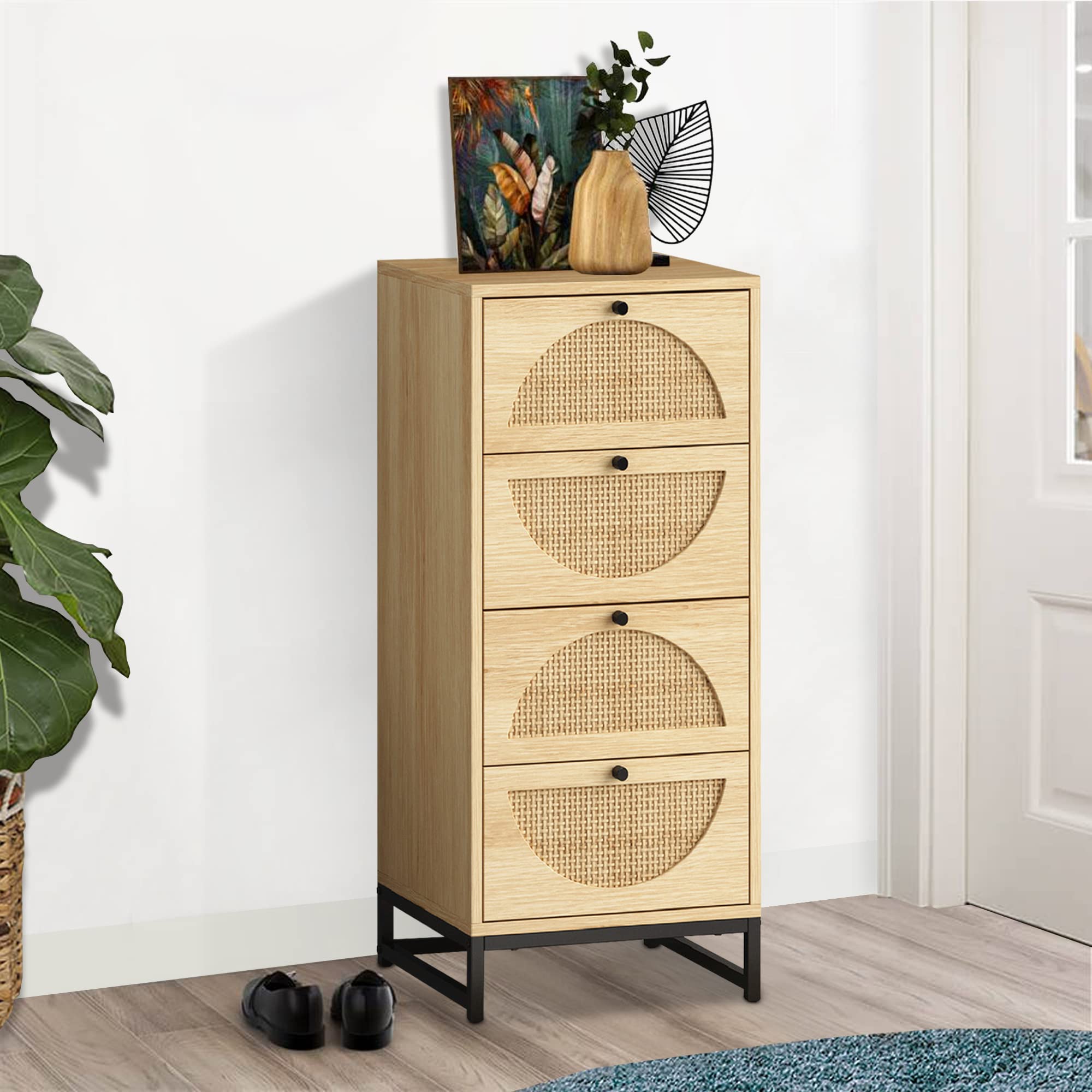 4 Drawer Rattan Dresser with Metal Legs - Natural Oak Storage Cabinet for Bedroom