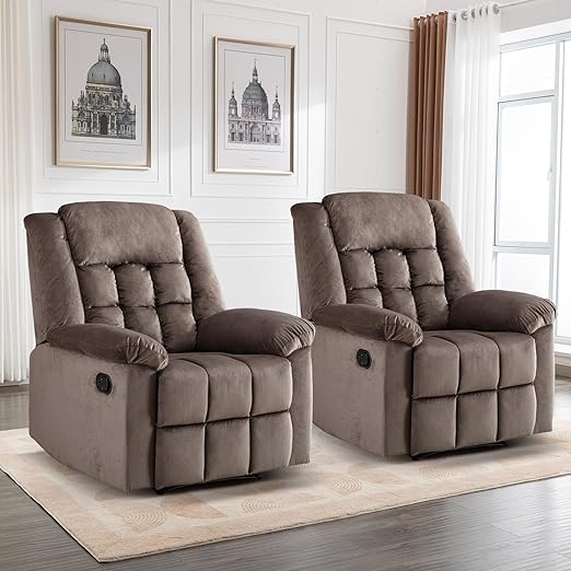 ComforTuff Duo Recliners – 2Pcs Manual Overstuffed Recliner Chairs with Padded Headrest