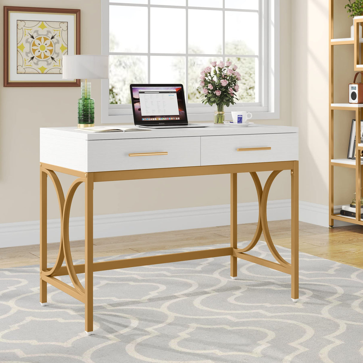 Modern Computer Desk with 2 Drawers, 41 Inches Study Writing Office Desk for Home Office