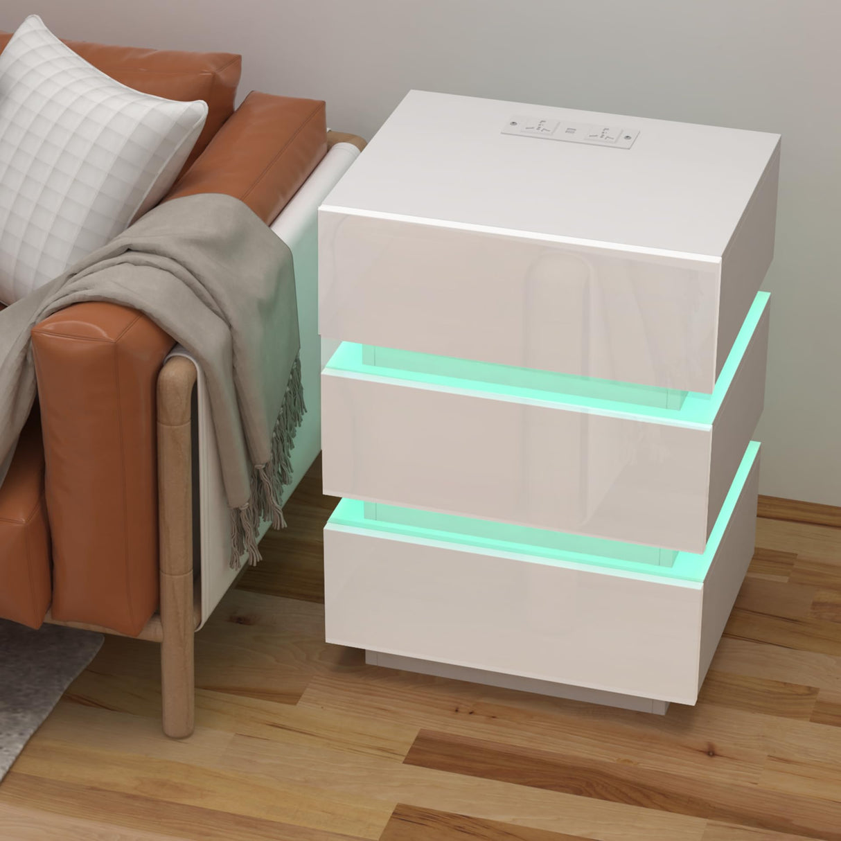Charging Station & Led Lights,Smart Bedside Table with 16 Colors Lights,Power
