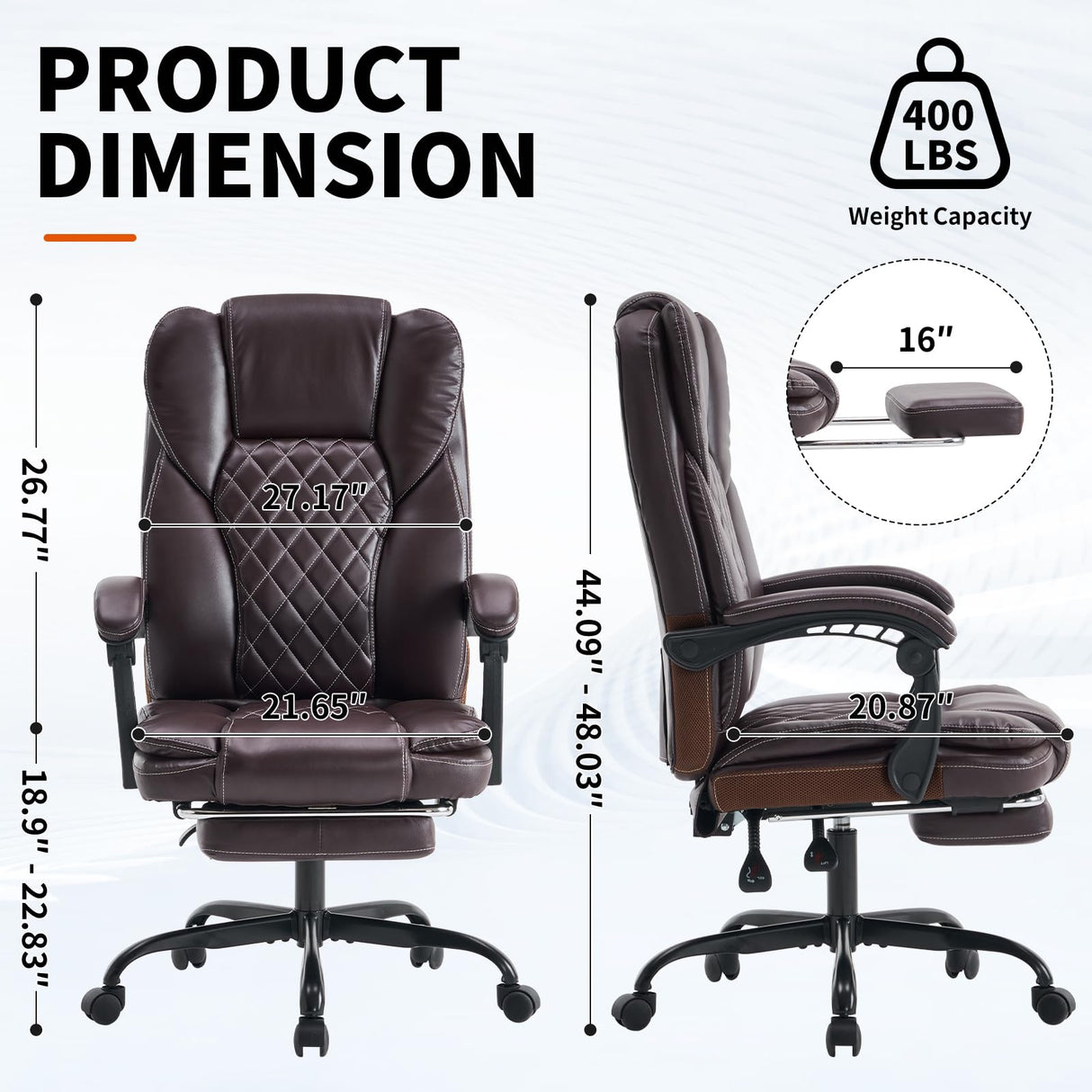 Big and Tall Executive Office Chair with Footrest - 400lbs Capacity