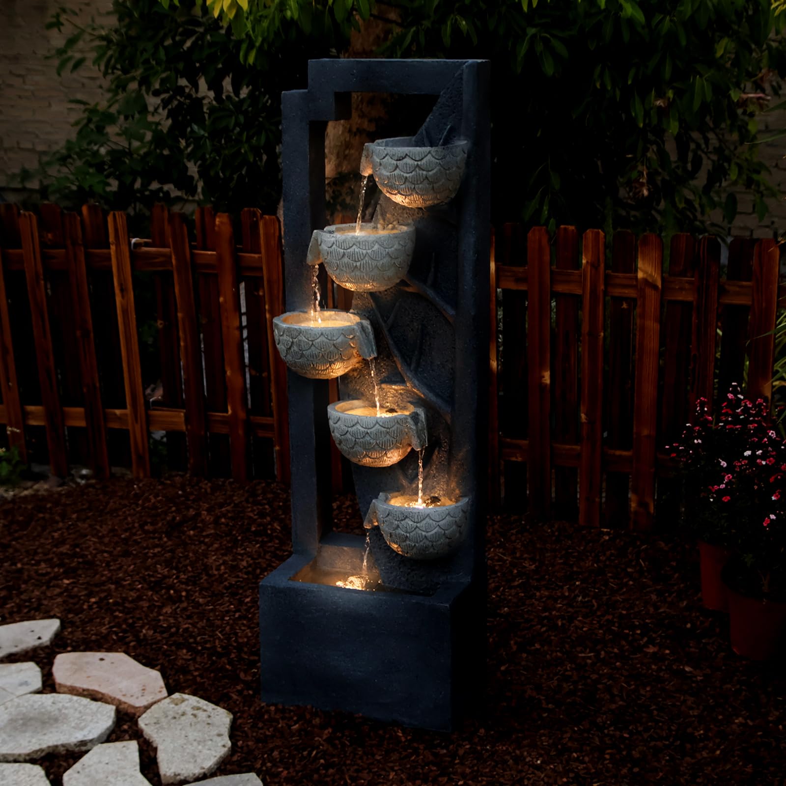 Garden Fountain Outdoor 6-Tiered Modern Floor Standing Water Fall Fountains Indoor