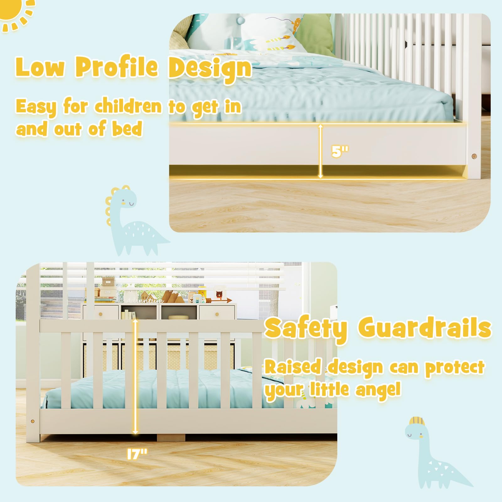 Twin Floor House Bed, House Platform Beds for 2 Kids, Double Montessori Floor Bed