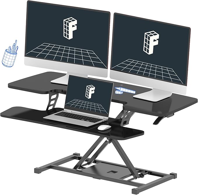 Standing Desk Converter 42 inch Spacious Sit to Stand up Dual Monitor and Laptop Desk Riser, Big Size Tabletop Workstation with Large Keyboard Tray, Black
