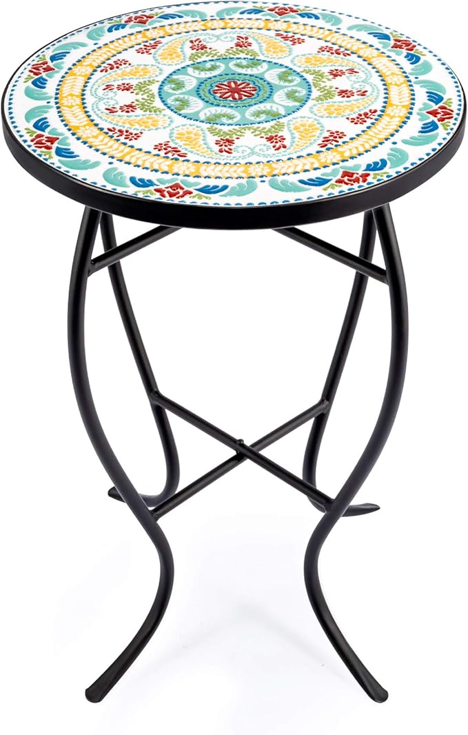 Mosaic Side Table and Plant Stand, 21" Round End Table with 14" Ceramic Tile Top