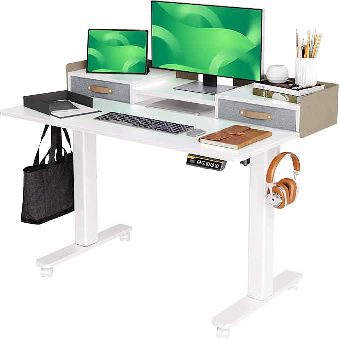 Desk with Drawers, Adjustable Height Stand up Desk with Storage Shelf, Electric Small Sit Stand Desk with Splice Board, 48 Inch, White