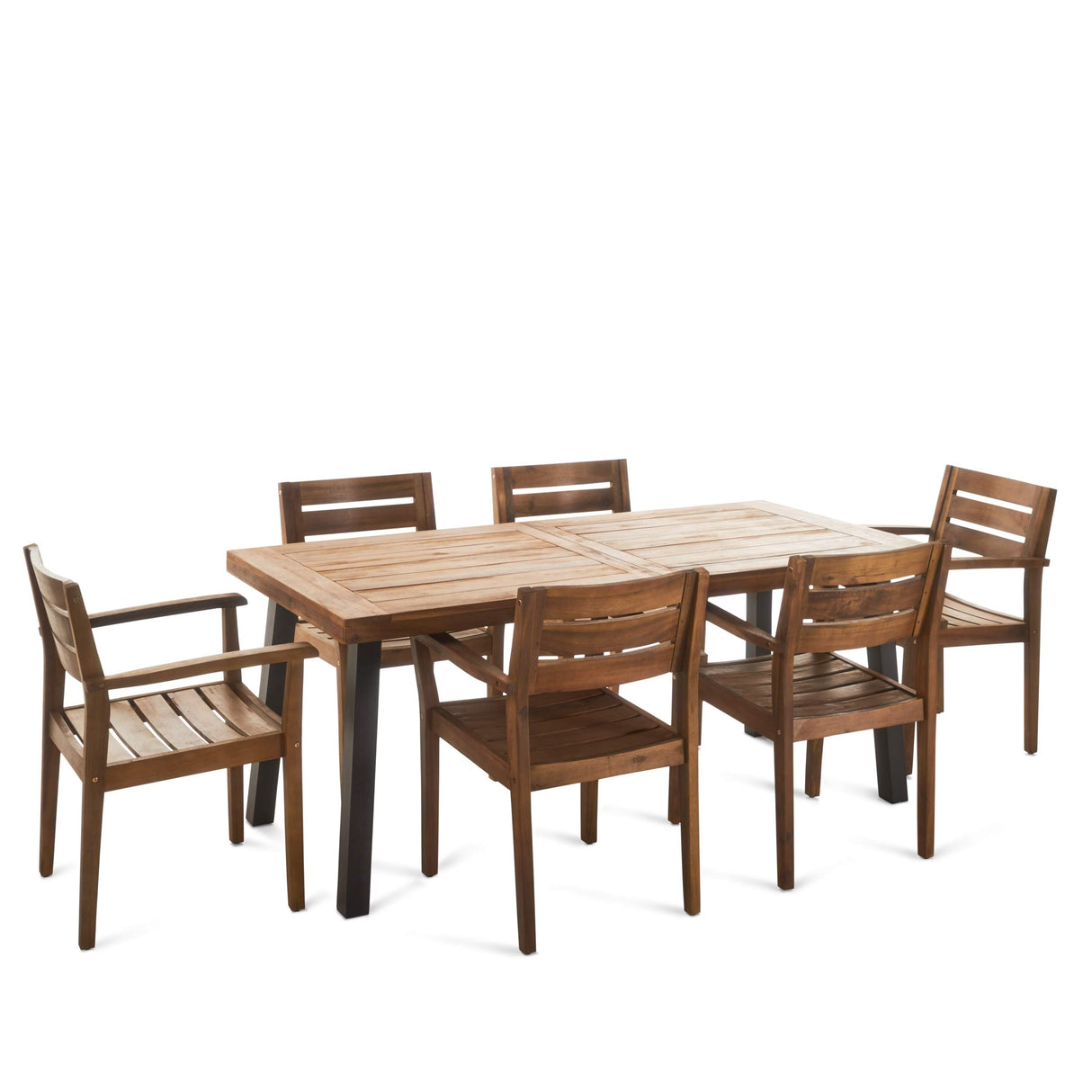 Avon Outdoor Acacia Wood Dining Set, 7-Pcs Set, Teak Finish With Rustic Metal Accents