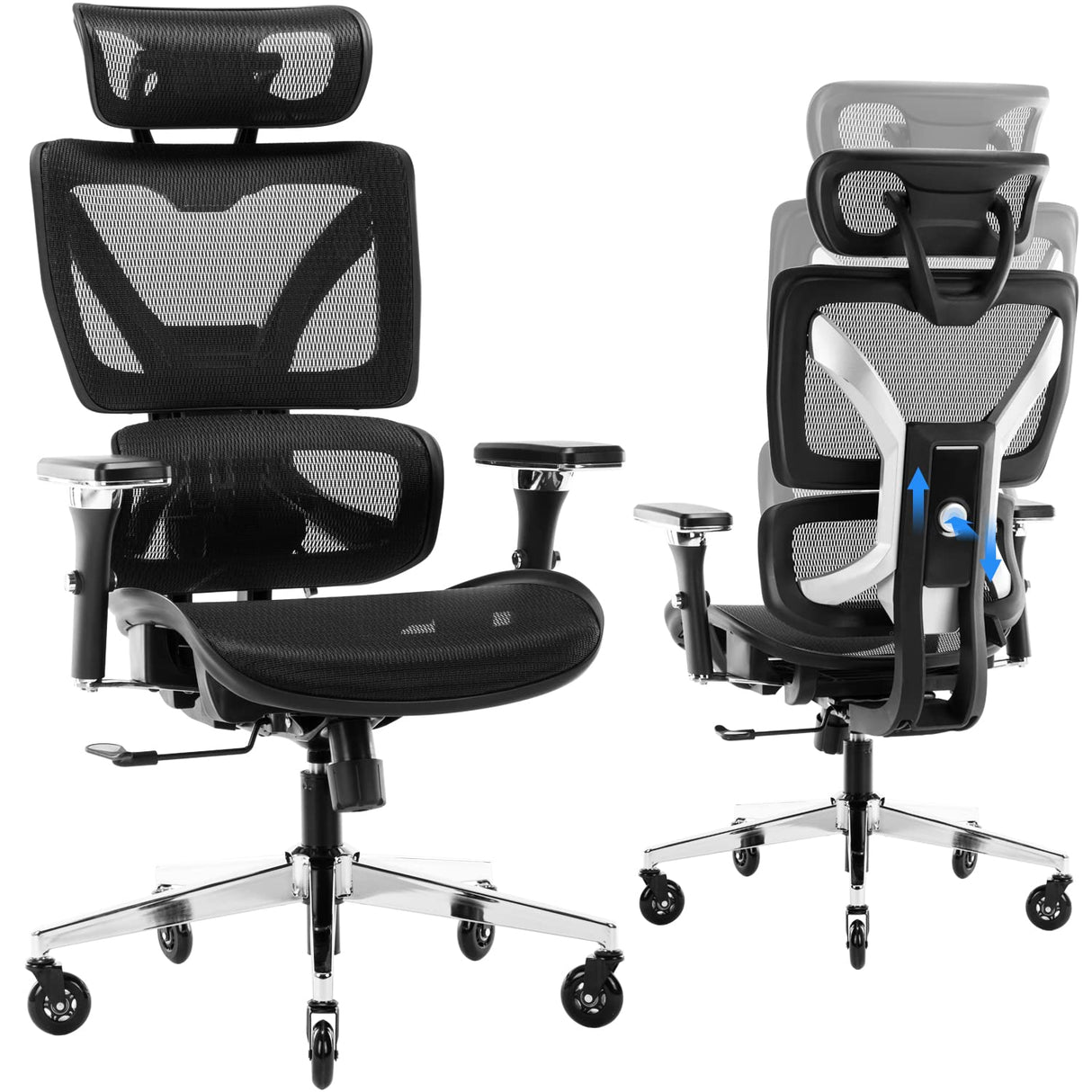 Mesh Office Chair - Adjustable Backrest Height, 4D Arms, Lumbar Support, Headrest and Tilt Angle - Metal Base Quiet Rubber Wheels Ergonomic High Back Computer Desk Chair