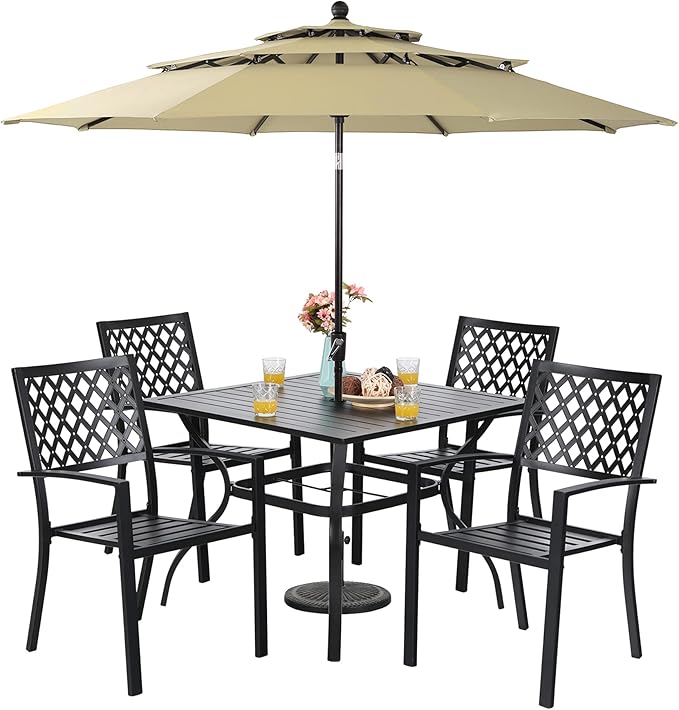 Metal Outdoor Patio Dining Set 6 PCS with 10ft 3 Tier Auto-tilt Umbrella(Orange Red)