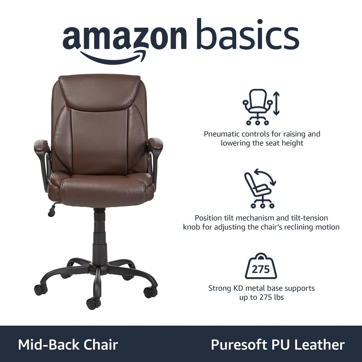 Classic PU Padded Mid-Back Office Chair with Armrests - Brown