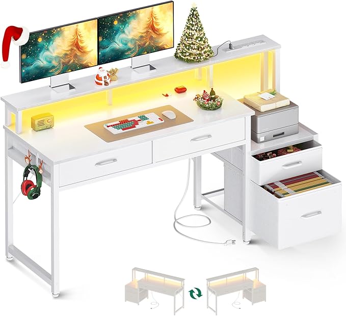 48-Inch Computer Desk with Fabric File Cabinet and Fabric Drawers, Reversible Office Desk