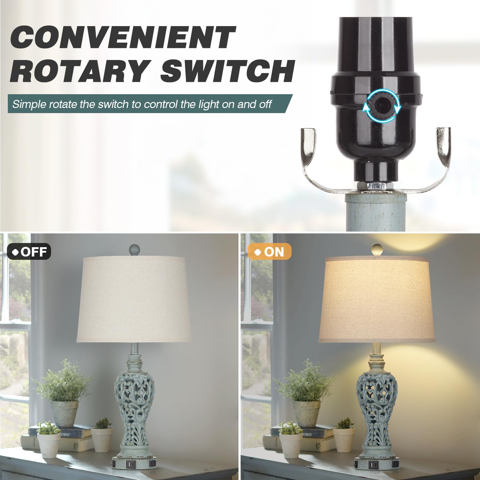 Rinweey Farmhouse Table Lamps Set of 2 with Nightlight, Coastal Bedside Lamps with USB A+C Ports & AC Outlet, Blue Vintage Nightstand Lamps for Bedroom Living Room