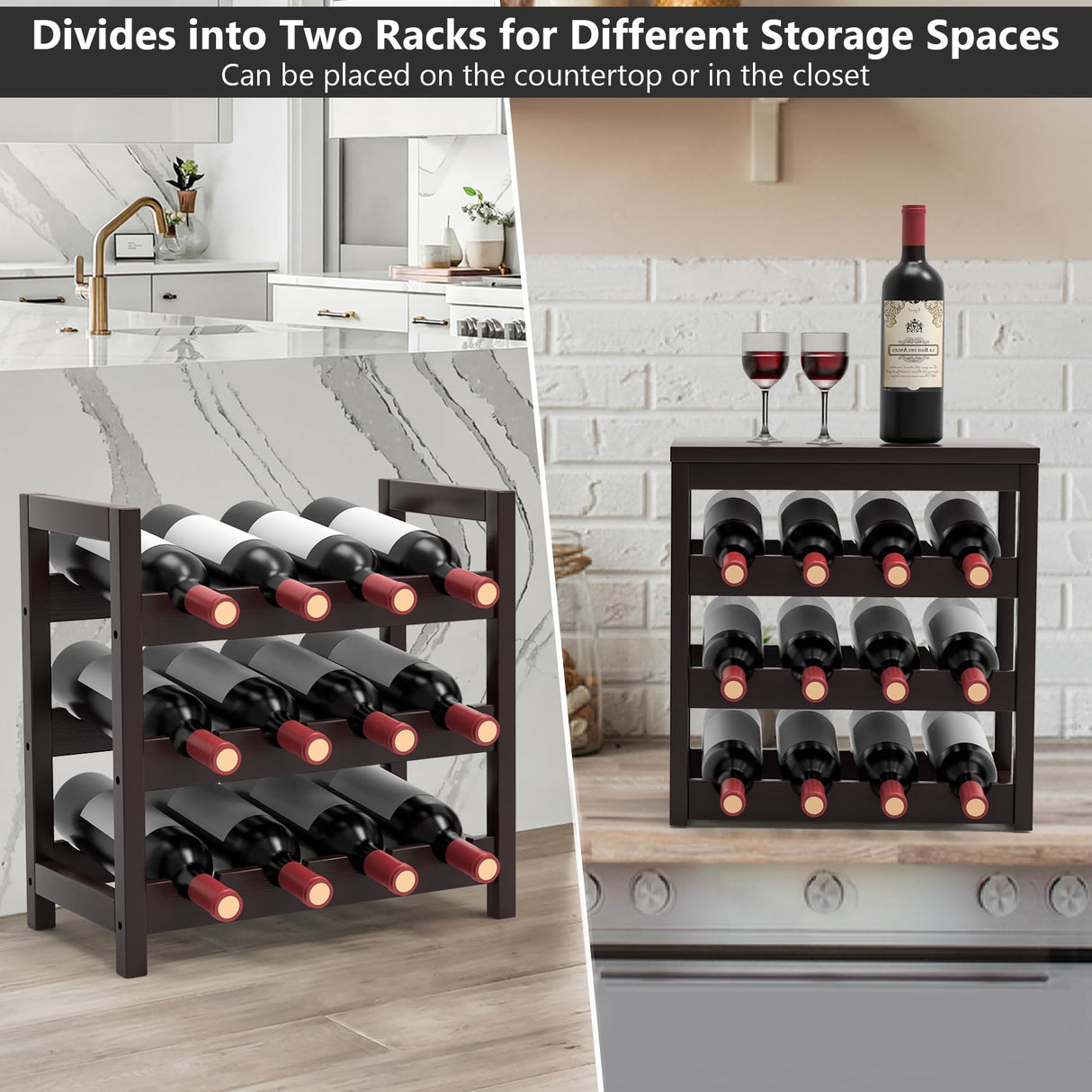 24-Bottle Wine Rack Freestanding Floor, 6-Tier Bamboo Wine Display Rack Storage Shelf