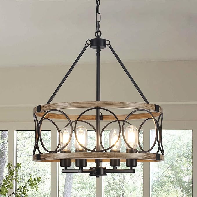 4-Light Farmhouse Chandelier, Rustic Faux Wood Chandeliers Dining Room Light Fixture