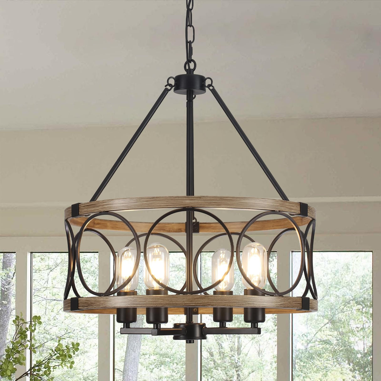 4-Light Farmhouse Chandelier, Rustic Faux Wood Chandeliers Dining Room Light Fixture