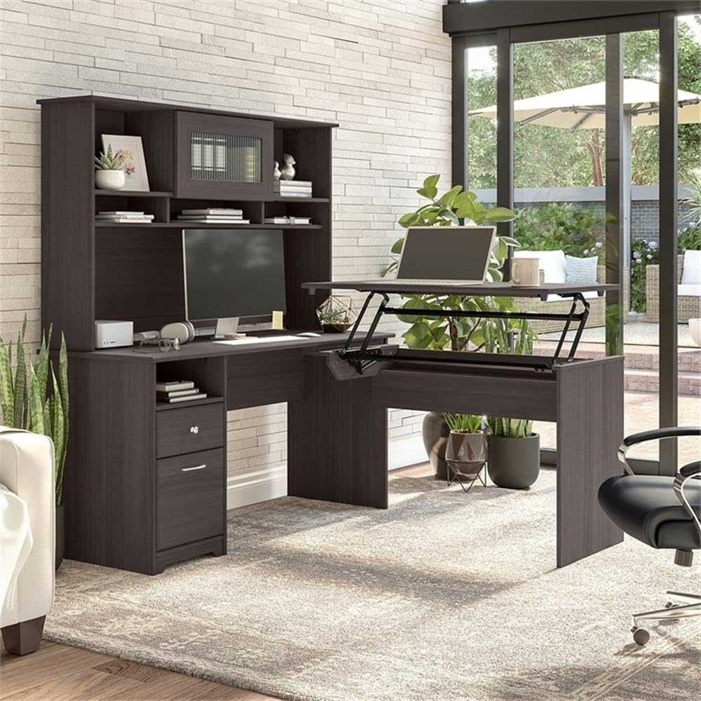 Bush Furniture Cabot 60W 3 Position Sit to Stand L Shaped Desk with Hutch in Heather Gray