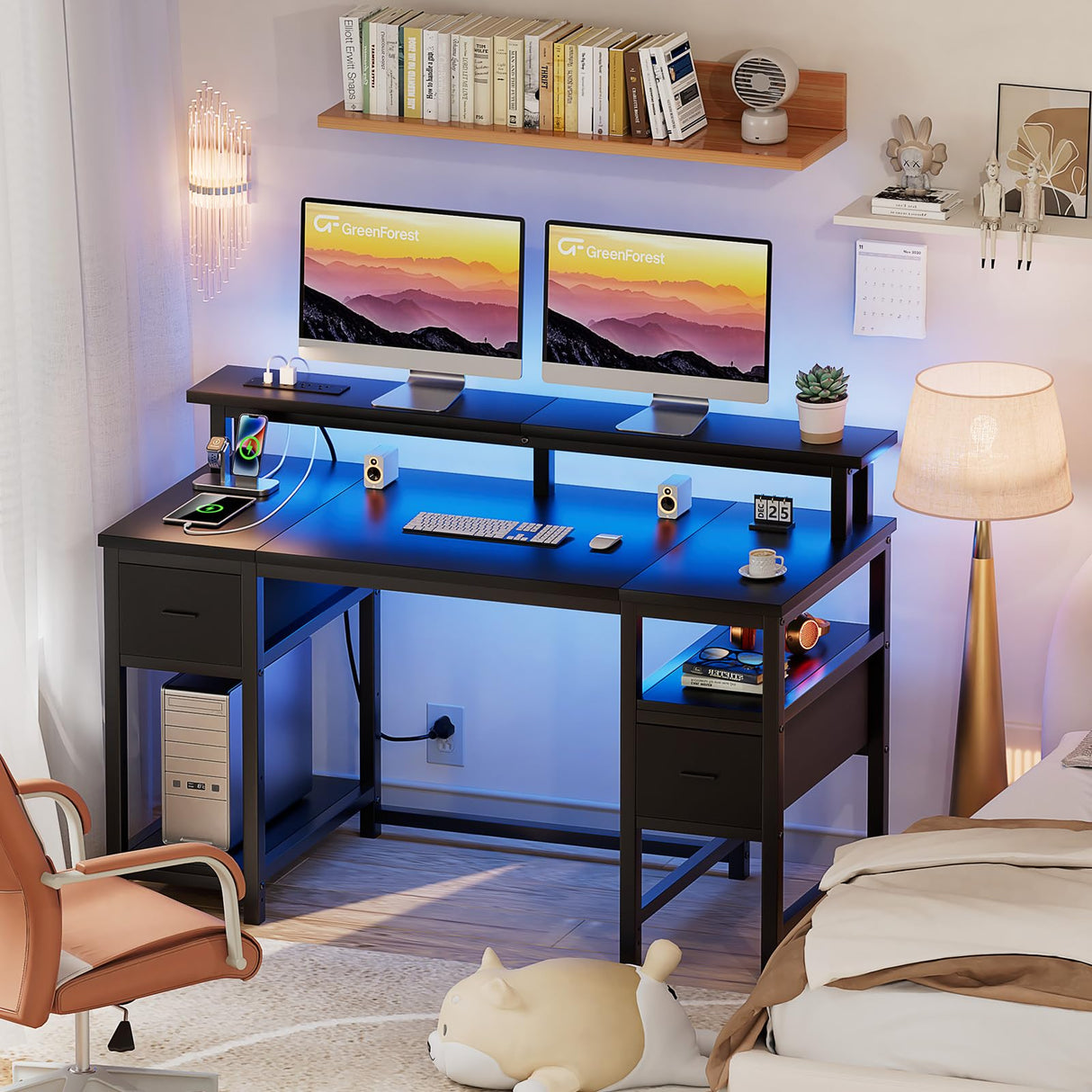 Computer Desk with 2 Drawers and Power Outlets,50 Inch Office Desk with 2 Monitor