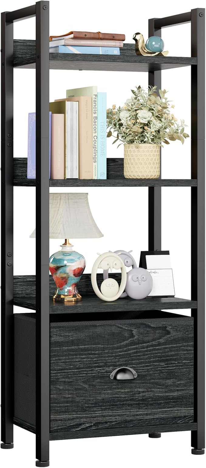 5 Tier Bookshelf with Drawer, Tall Narrow Bookcase with Shelves, Wood and Metal Book