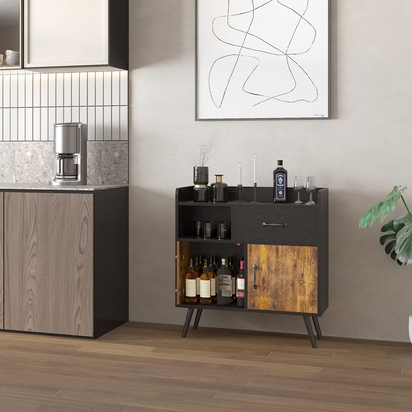 Storage Cabinet with 1 Drawer 2 Doors 1 Open Shelves, Free Standing Cupboard