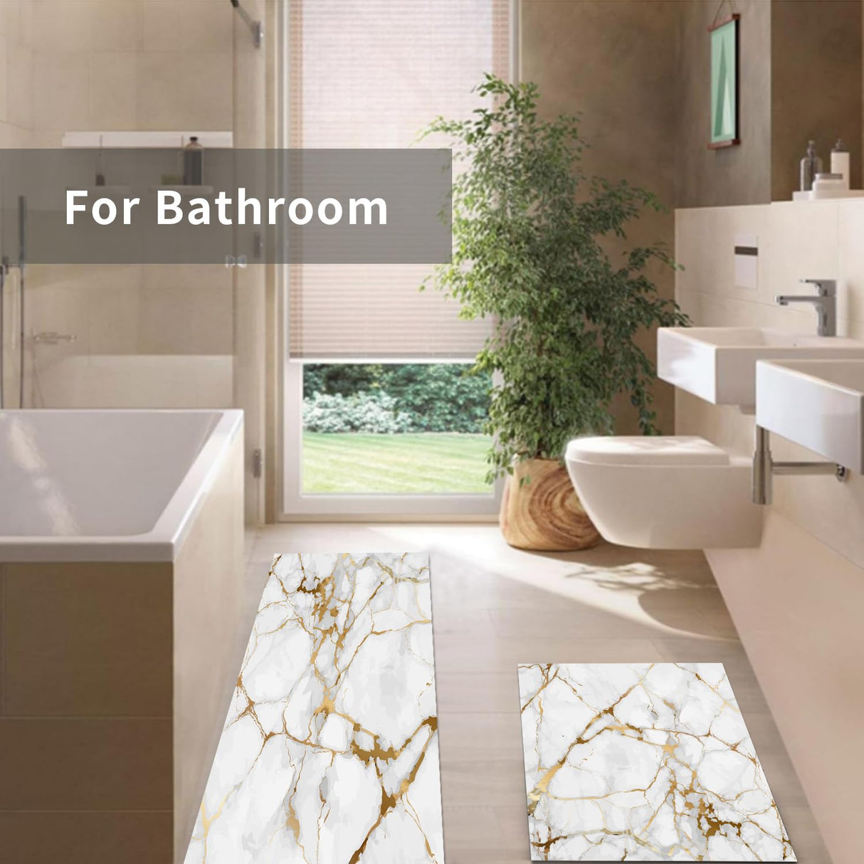 Long Gold White Marble Bath Mat,Non Slip Super Absorbent Quick Drying Bathroom Runner Rug