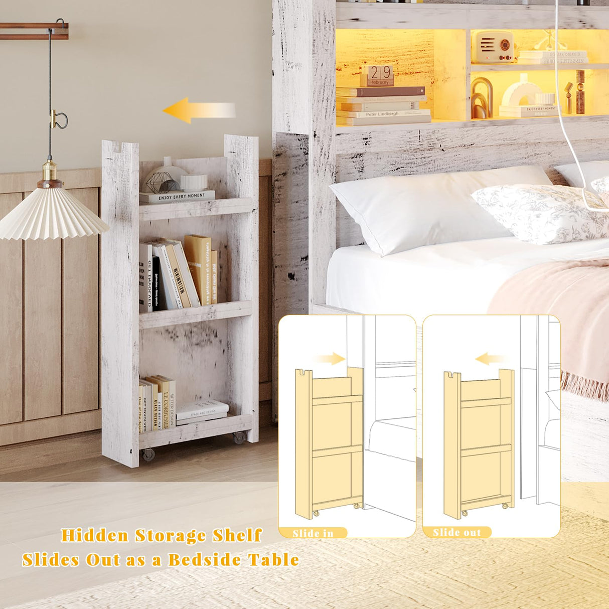 King Bed Frame with 49.6" Bookcase Headboard & 2 Detachable Bedside Stoage Racks