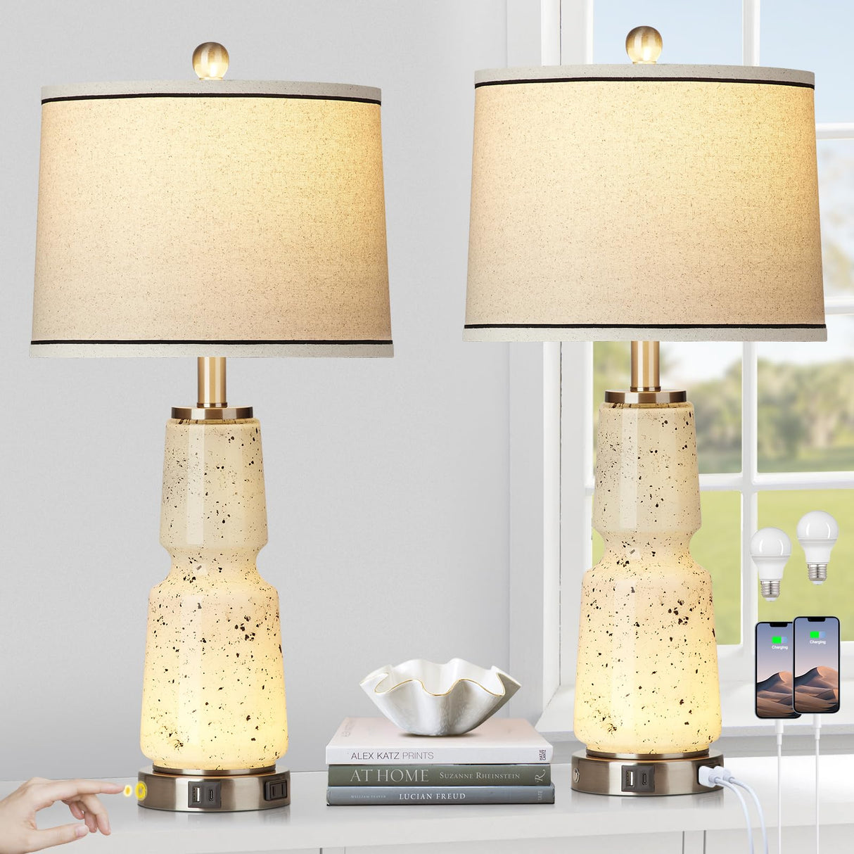 26" Glass Table Lamps Set of 2, Touch Control Modern Bedside Lamps