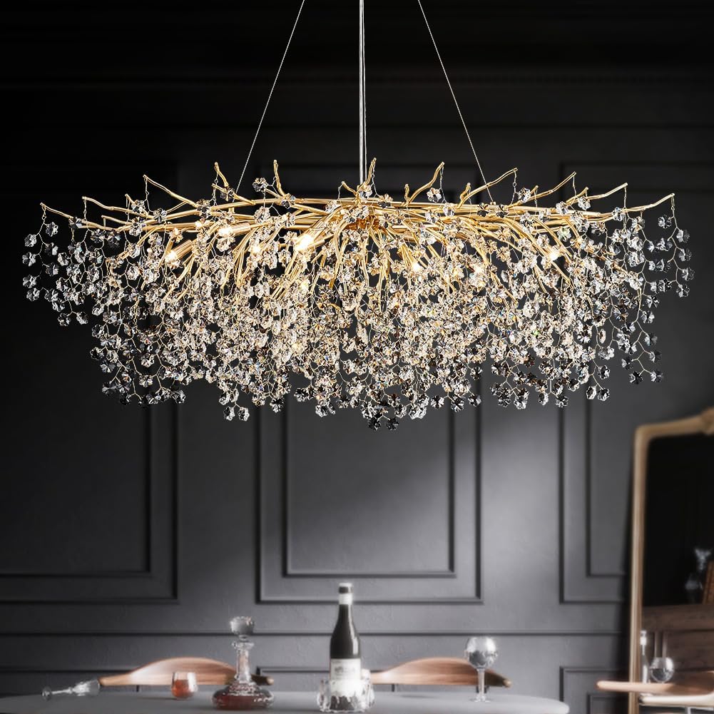 Gold Modern Crystal Chandeliers, Rectangle Snowflake Tree Branch Chandelier