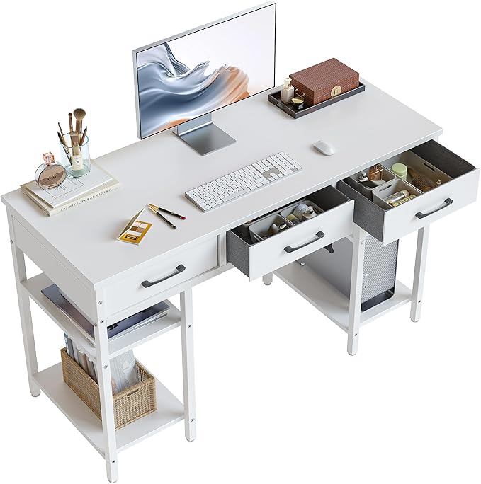 Office Small Computer Desk, Home Table with Fabric Drawers & Storage Shelves