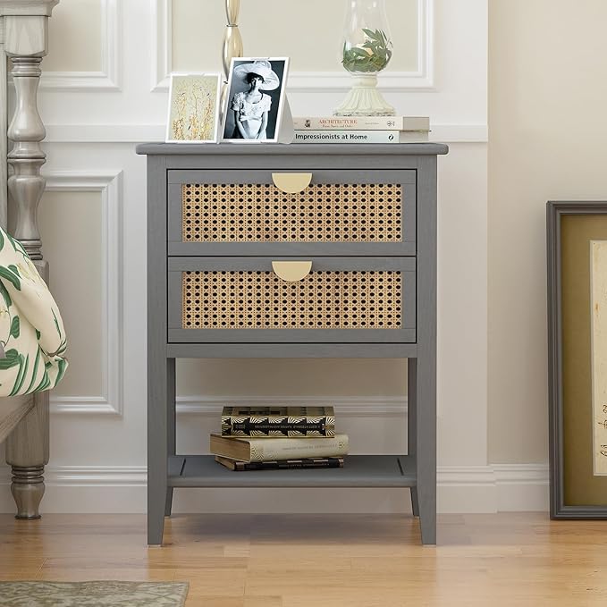 Rattan Nightstands Set of 2 - Night Stand with Drawers, Accent End Table