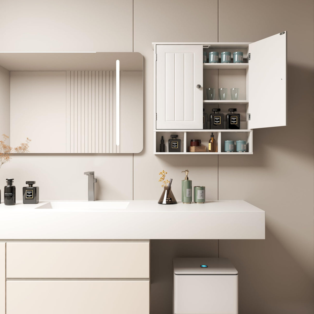 Bathroom Medicine Cabinet 2 Doors with 3 Open Shelves, Over The Toilet Storage