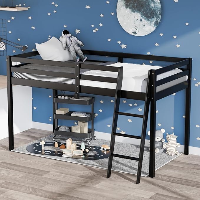 Junior Low Loft Bed with Stairs, White Wood Loft Bed Full Size for Adults, Kids and Young