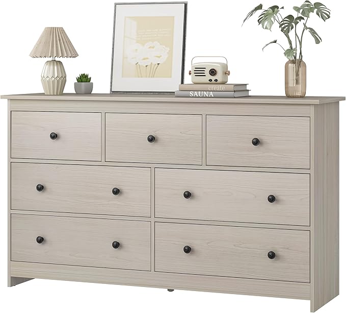 7 Drawer Dresser for Bedroom, 55 Inch White Wooden Large Dresser