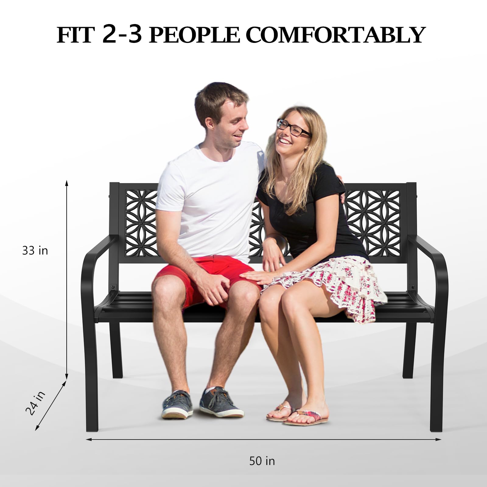 Outdoor Bench Metal with Floral Back, Garden Bench Front Porch Benches