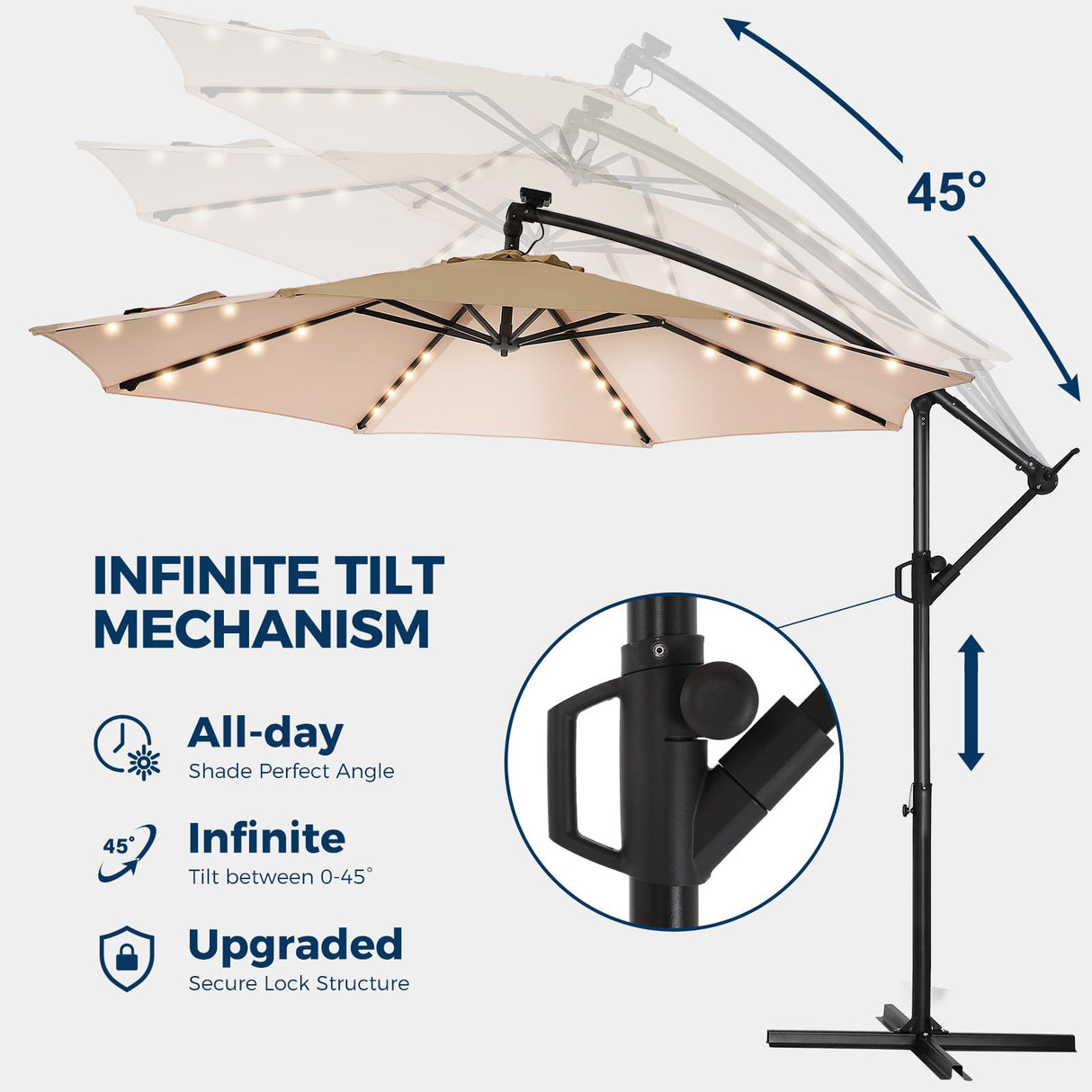 10ft Solar Lights Offset Cantilever Patio Umbrella - w/Light and Base