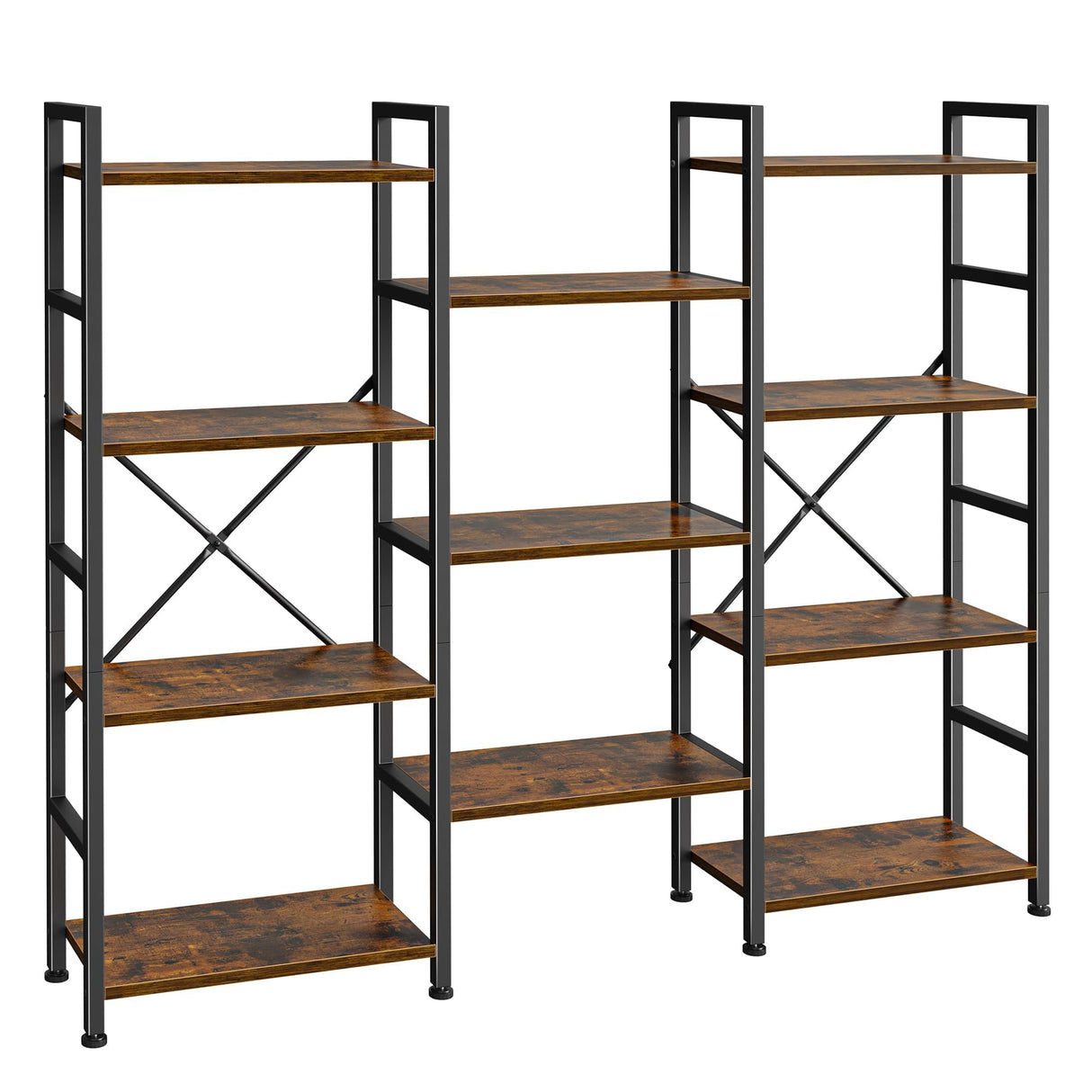 Triple 4 Tier Bookshelf, Bookcase with 11 Open Display Shelves, Wide Book Shelf Book Case for Home & Office, Rustic Brown