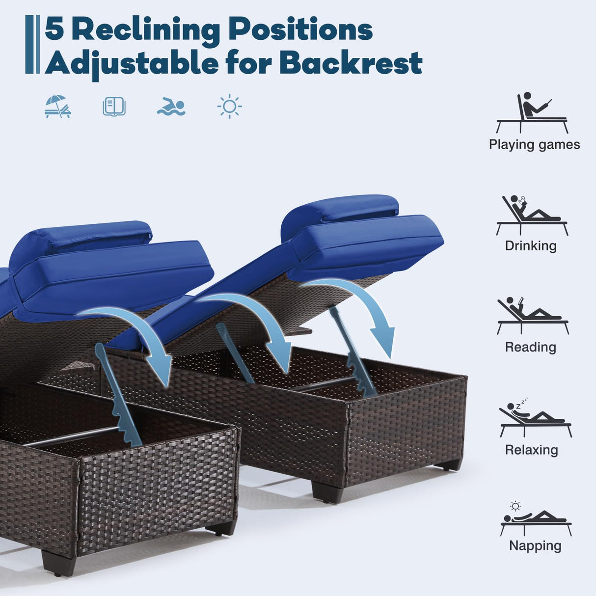 Yalissey Outdoor Lounge Chairs, Pool Lounge Chairs Set of 2, Outdoor Chaise Lounge with Adjustable Backrest & Cup Holder,Blue