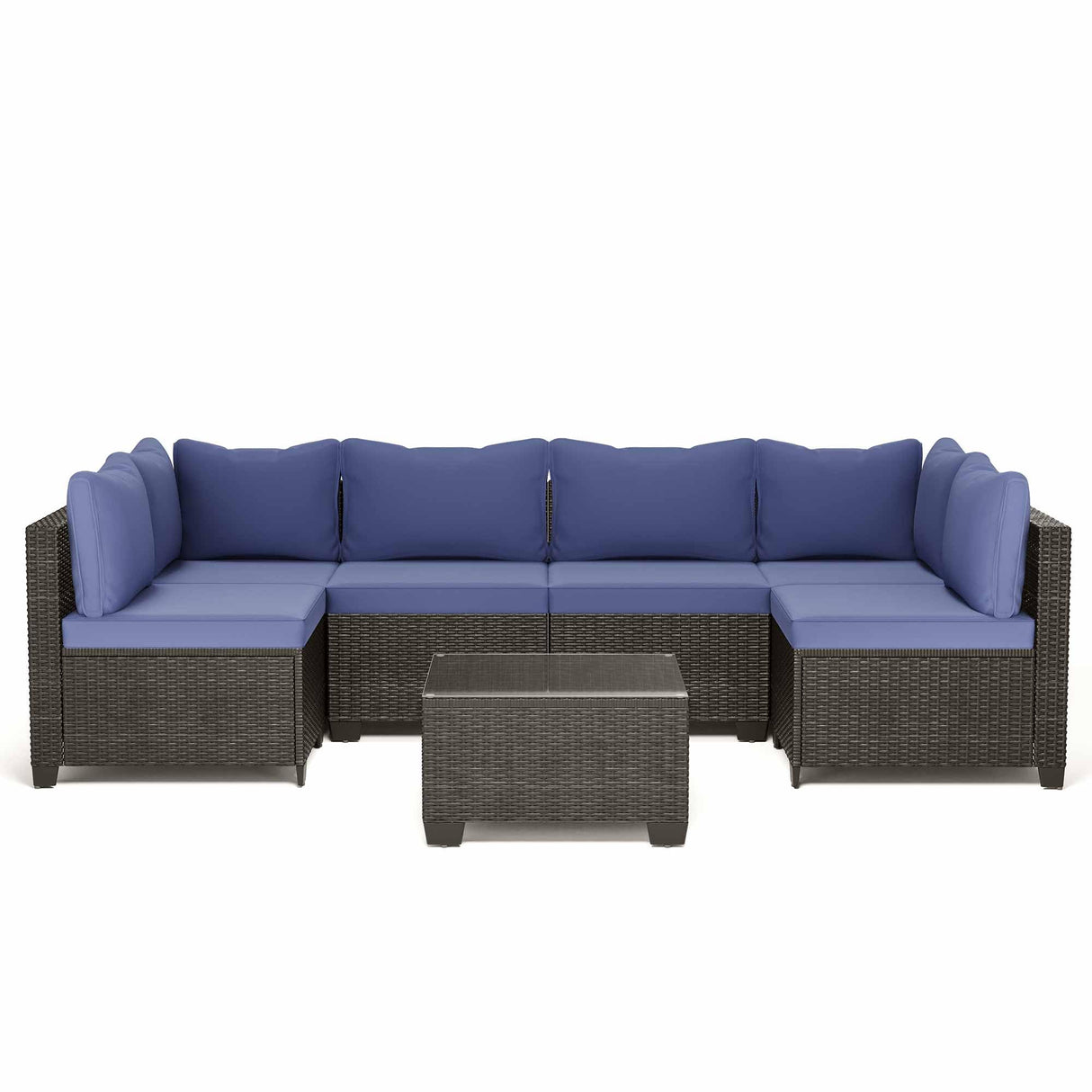7-Piece Outdoor Patio Furniture, PE Rattan Patio Furniture Set All Weather Sectional Conversation Sets with Cushions, Outside Sofa with Tempered Glass Table for Garden (Dark Bluer-7PCS)