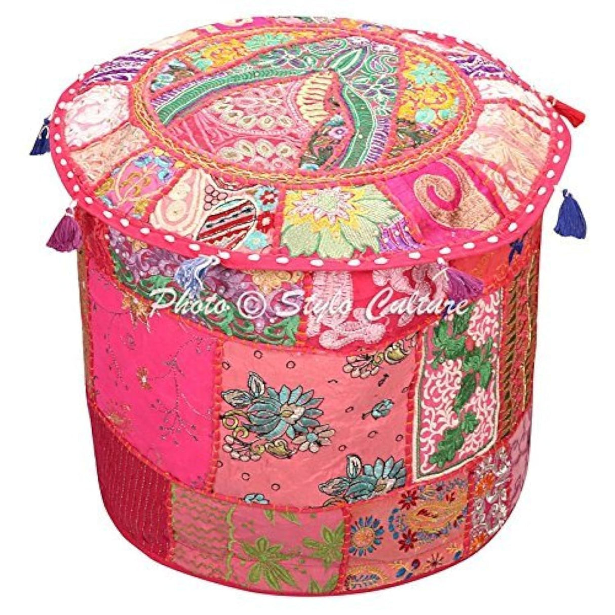 Pouffe Ottoman Cover Round Patchwork Embroidered Pouf Pink Cotton Floral Traditional