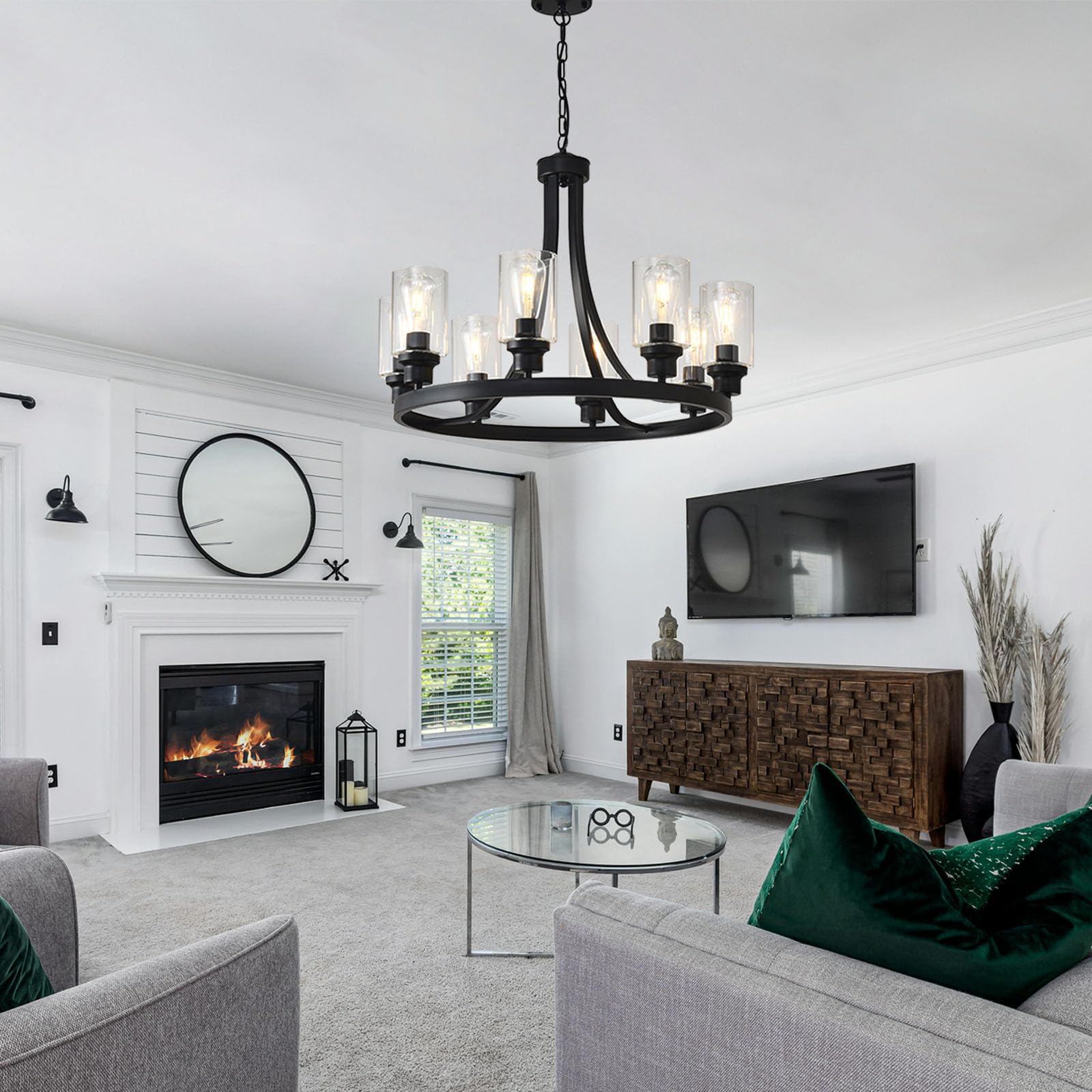 LOFTPLUS Farmhouse Chandelier Black Dining Room Light Fixture 8-Light Ceiling Hanging Rustic Wagon Wheel Chandeliers for Living Room Bedroom Foyer Porch Kitchen Island