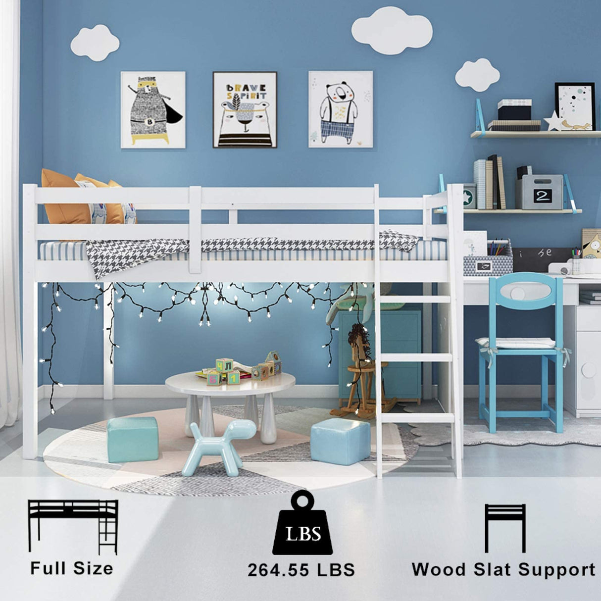 Junior Low Loft Bed with Stairs, White Wood Loft Bed Full Size for Adults, Kids and Young