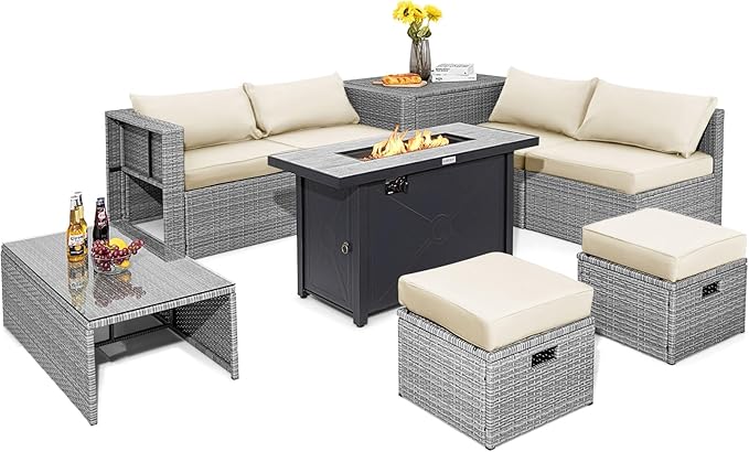 9 PCS Patio Furniture Set with 42” 60,000 BTU Fire Pit