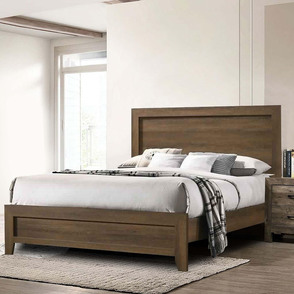 Transitional Style Wooden Eastern King Bed with Raised Molding Trim, Brown