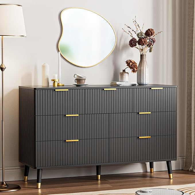 White Dresser, Fluted White and Gold Dresser for Bedroom, 6 Drawer Dresser