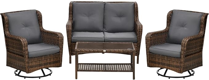 4 Piece PE Rattan Outdoor Patio Furniture Set, Wicker Conversation Set
